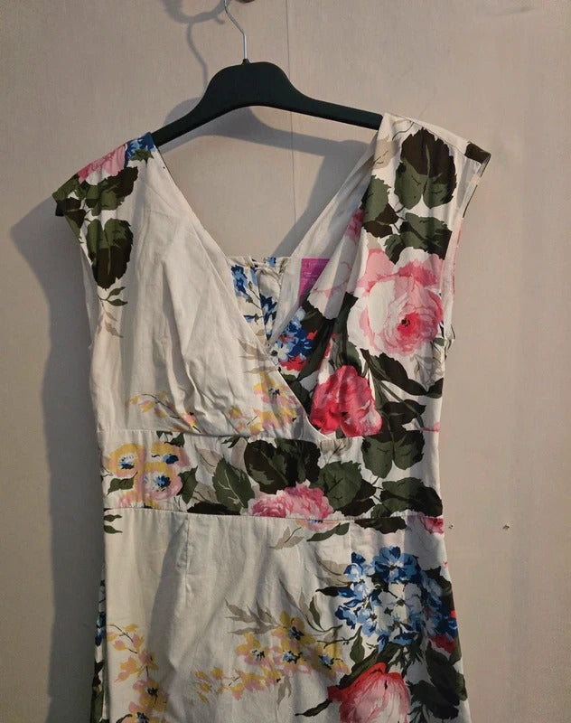 Joules Cream & Multicoloured Floral Sleeveless A-Line Midi Dress Size 8
