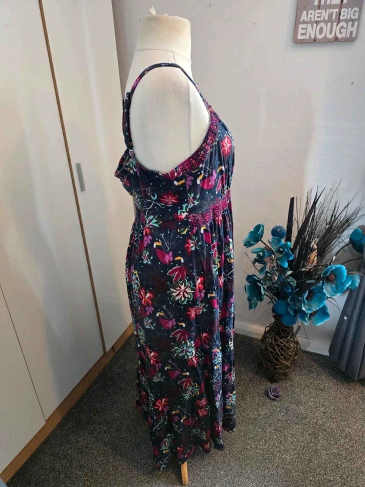 Manterey Multicoloured Floral Bird Cotton Embellished Dress Size 18