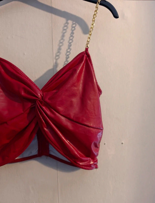 Shein Red Faux Leather Chain Strap Knotted Back Zip Crop Top M Size 10-12