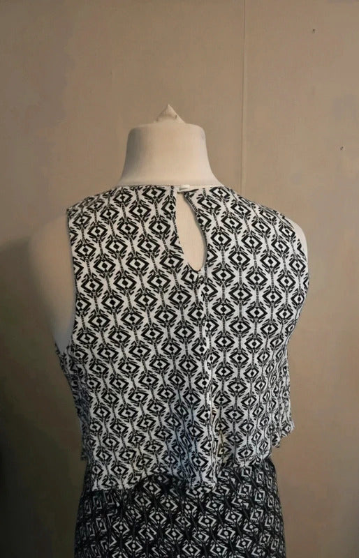 Miss Selfridge Black & White Patterned Layered Top Bodycon Maxi Dress Size 12