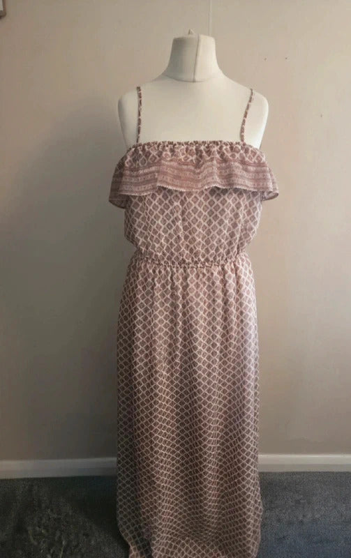 Miss Selfridge Beige & White Patterned Adjustable Strap Flared Maxi Dress 12