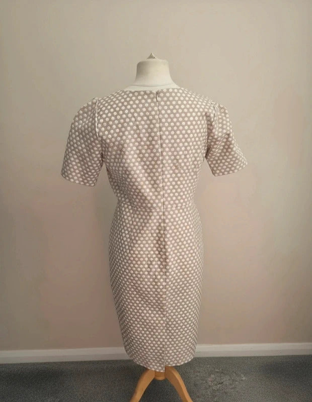 Pure Collection Beige White Polka Dot Tailored Short Sleeved Midi Dress Size 14