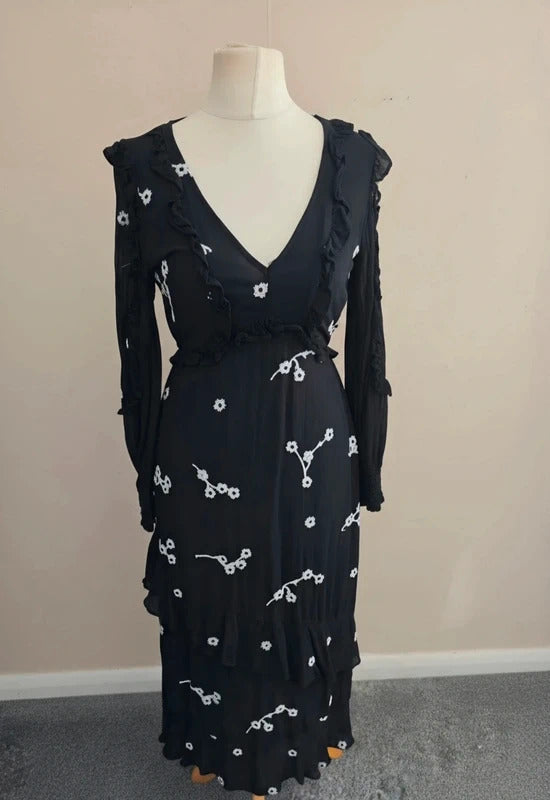 River Island Black & White Floral Frill Sheer Detail Midi Dress Size 8