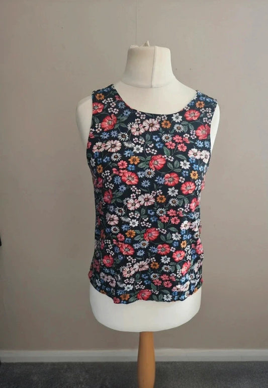 New Look Black Multicoloured Floral Tie Back Sleeveless Vest Top Size 10