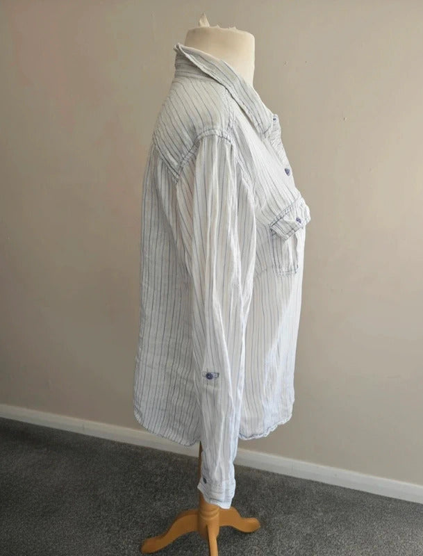 Marks & Spencer White, Purple & Beige Striped Flax Linen Long-Sleeved Shirt  20
