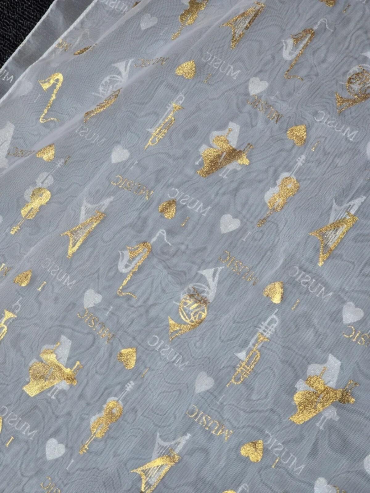 Music print white, gold & silver shawl scarf