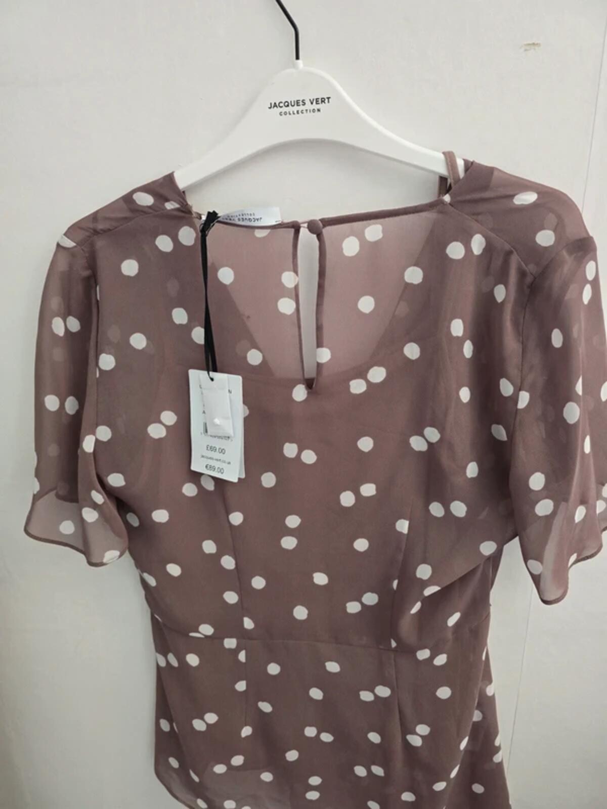 Jacques Vert Brown & White Polka Dot Asymmetrical Top Size 8 NWT