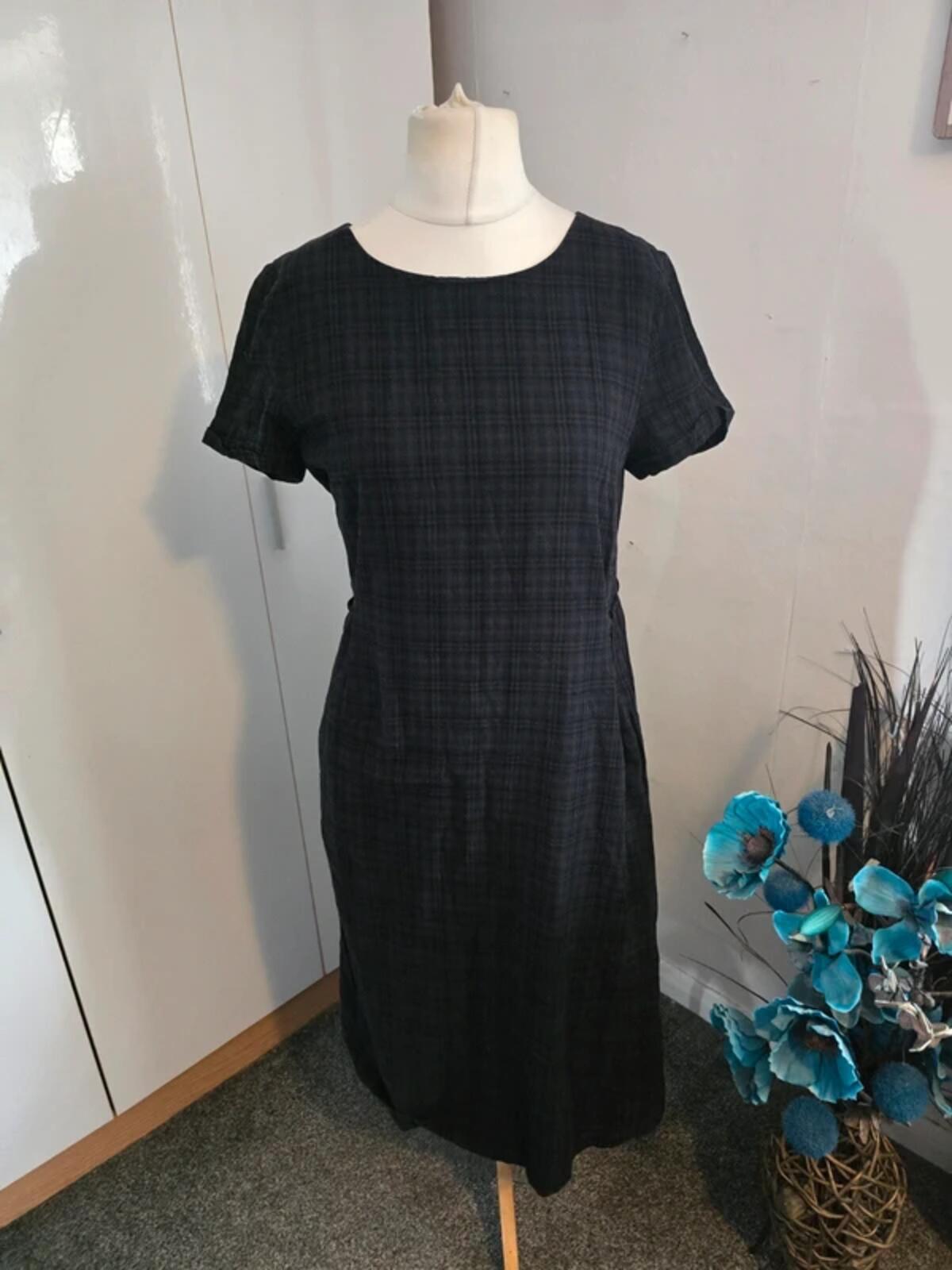 Seasalt Cornwall Black Checked Midi Dress Size 10 Short Sleeve A-Line Pockets