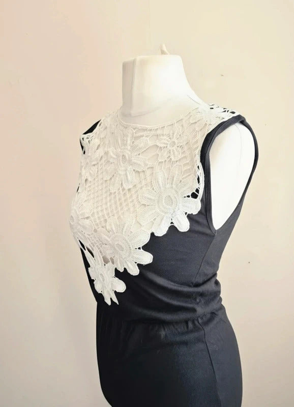 Primark Women's Black & Cream Crochet Yoke Bodycon Maxi Dress Size 10