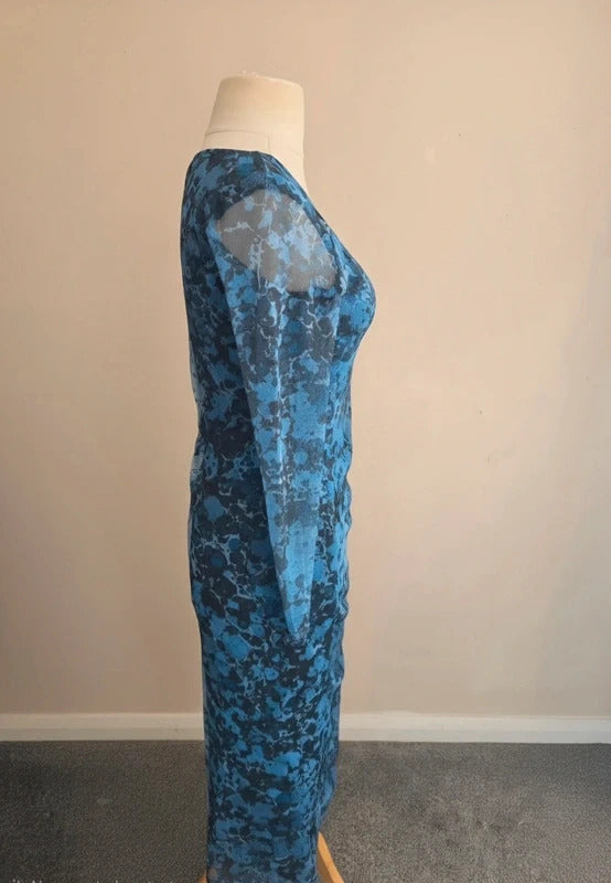 Warehouse Petite Light & Dark Blue Mesh Ruched Bodycon Midi Dress Size 14 Petite