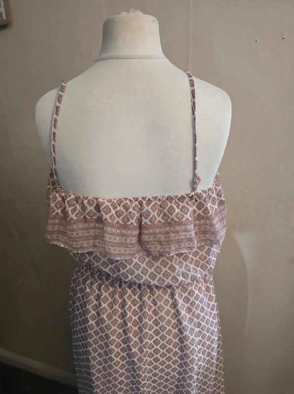 Miss Selfridge Beige & White Patterned Adjustable Strap Flared Maxi Dress 12