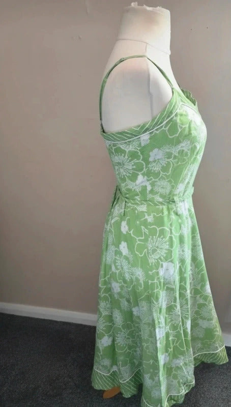 New Look Y2K Green & White Floral Cotton Belted Flared Dress Size 14