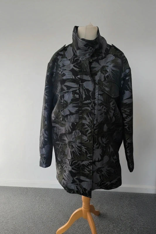 Next Black Green Silver Metallic Floral Print Jacket 12 Longline Zip Up Coat