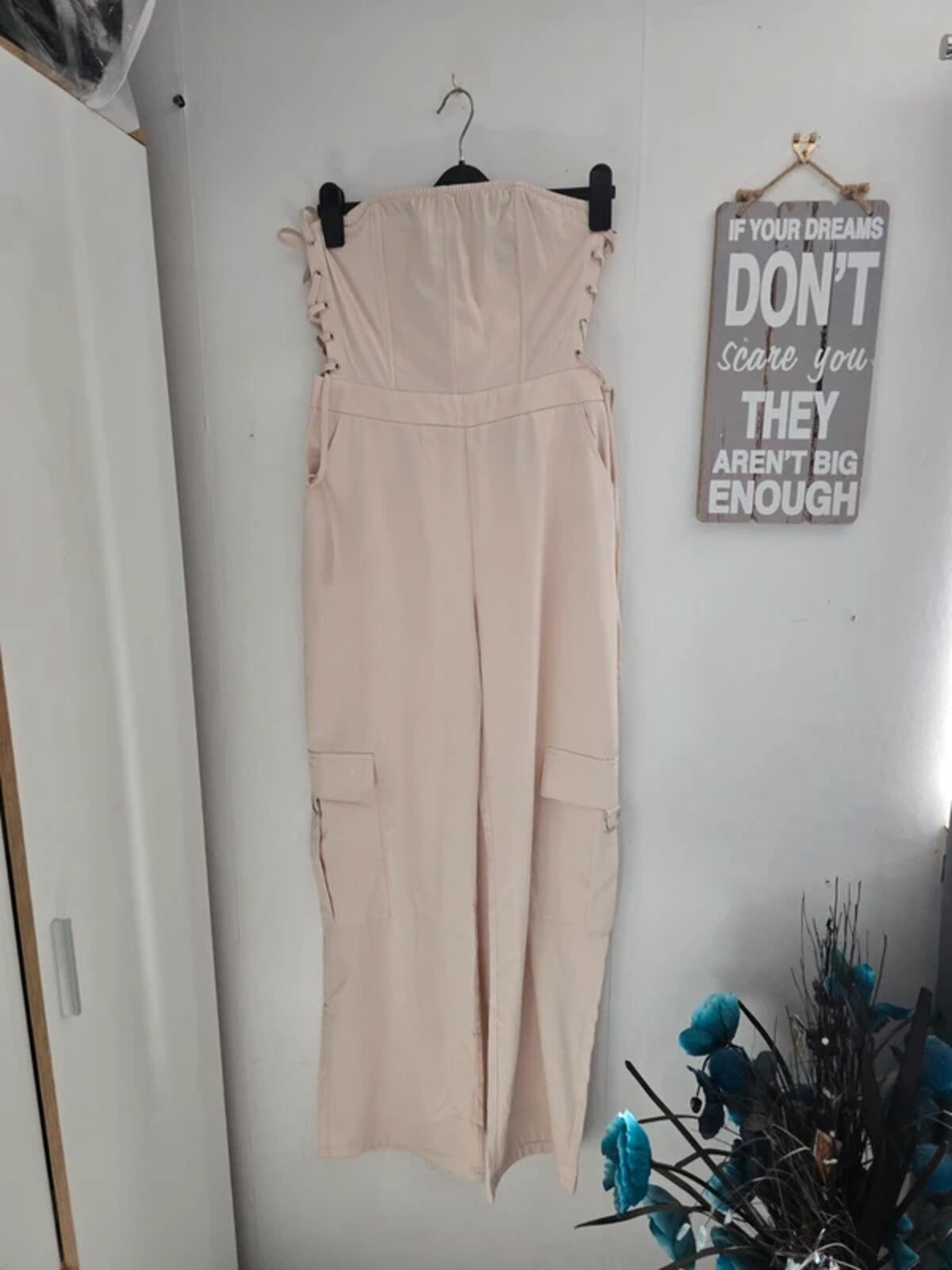 PrettyLittleThing Cream Bandeau Corset Cargo Jumpsuit Size 12