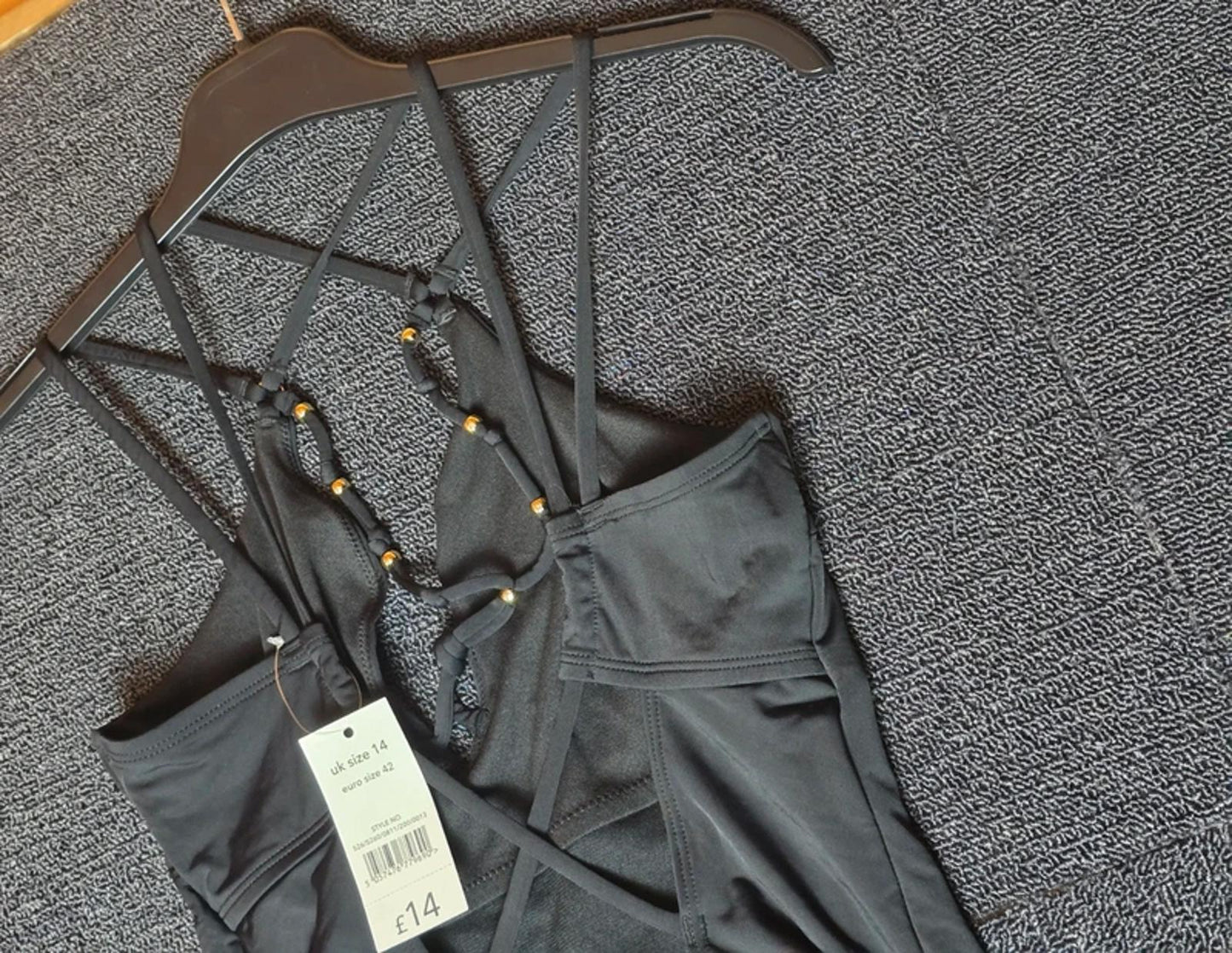 New George Black Beaded Cross Strap Swimsuit Size 14 NWT