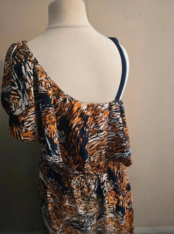 Pep & Co Orange & Navy Floral One Shoulder Slit Flared Maxi Dress Size 16 NWT