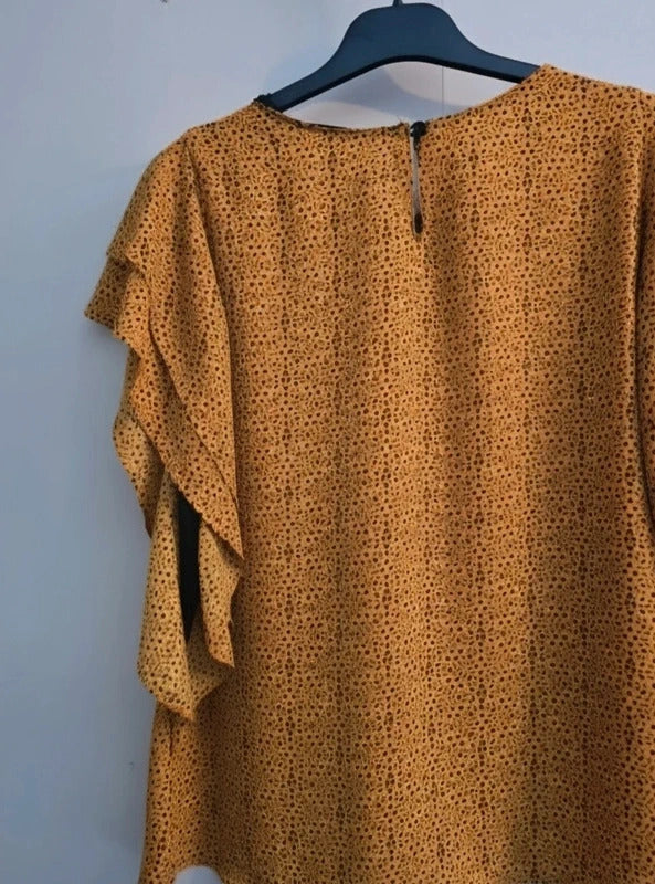 EasyWear Mustard Orange Black Abstract Print Blouse Size 12 Frill Flutter Sleeve Top