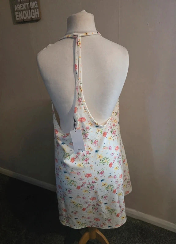 Mango White & Multicoloured Floral Open Back Sleeveless Mini Dress M  10-12 NWT