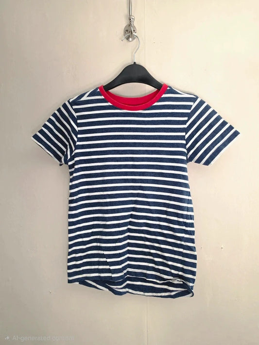 Nutmeg Boys Navy Blue & White Striped Red Ringer Crew Neck T-Shirt Age 6-7 Years