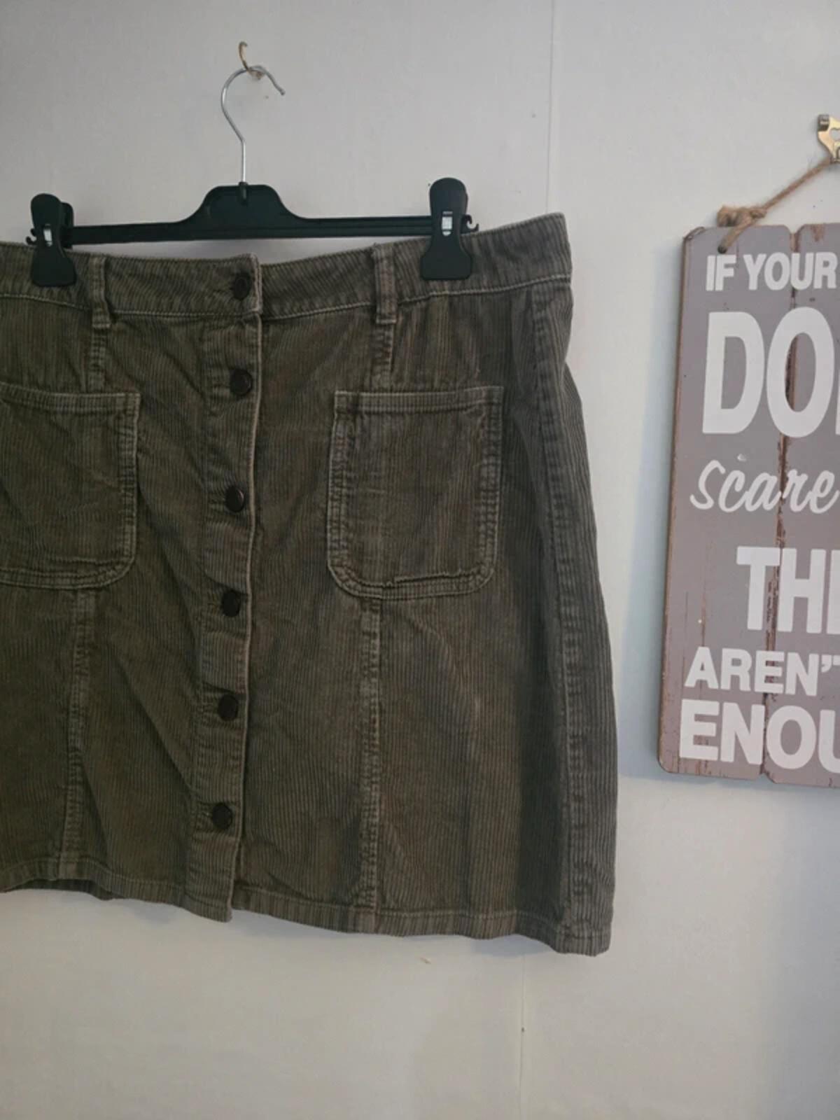 Next Khaki Green Cord Mini to Knee Skirt Size 16 Tall 100% Cotton
