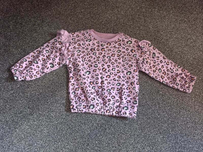 Matalan Girls Purple Leopard Print Frill Shoulder Jumper – Age 3–4 Years