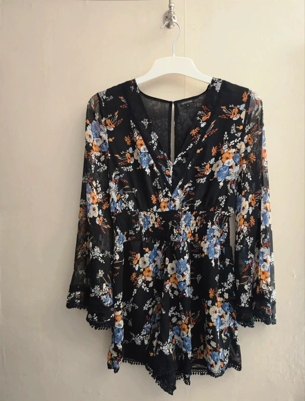 River Island Black Floral Sheer Bell Sleeve Playsuit Size 12