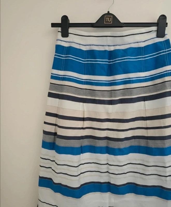 Country Casuals Navy Blue & White Striped Linen Blend Midi Skirt Size 10