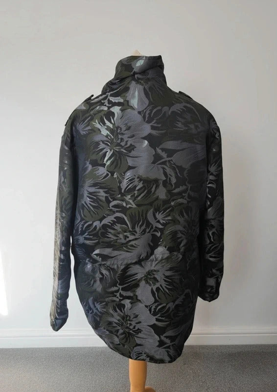 Next Black Green Silver Metallic Floral Print Jacket 12 Longline Zip Up Coat