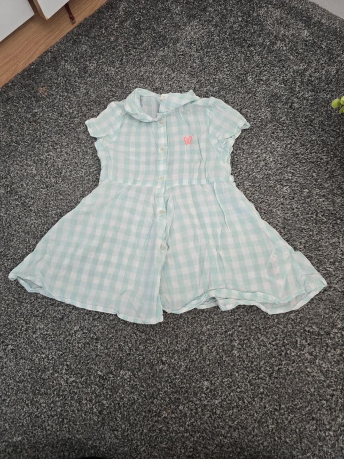 H&M Girls Mint Green & White Checked Collared Summer Dress Age 12-18 Months