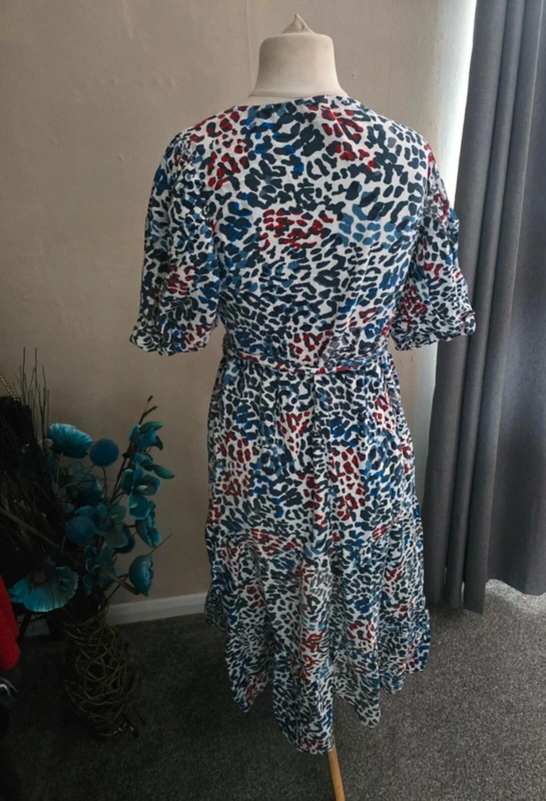Next Multicoloured Animal Print Midi Wrap Dress with Puff Sleeves Size 12