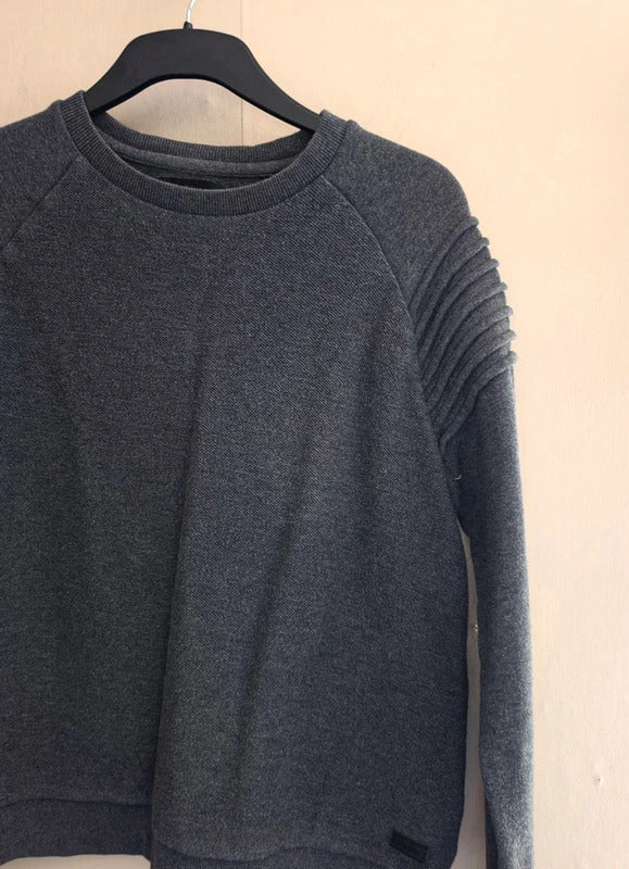 Firetrap Men's Charcoal Grey Ribbed-Shoulder Knitted Jumper Size Medium
