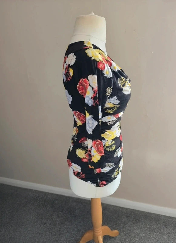 H&M Black Floral Ruched Bodycon Top Medium Size 12-14