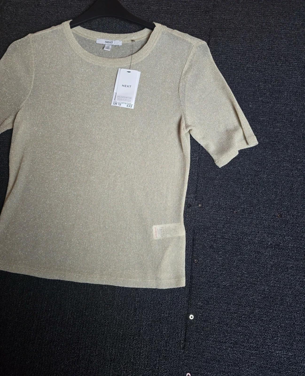 Next Gold Glitter Knit Top Size 12 Short Sleeve Round Neck New