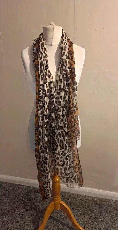 Beige & Brown Leopard Animal Print Lightweight Scarf One Size