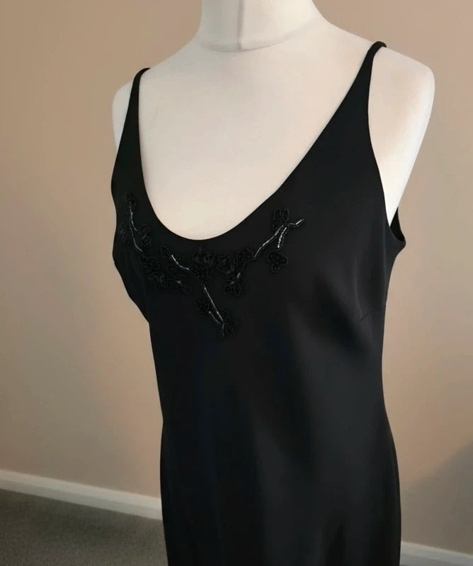 Marks & Spencer Vintage Black Lined Midi Slip Dress with Gem Detail Size 18