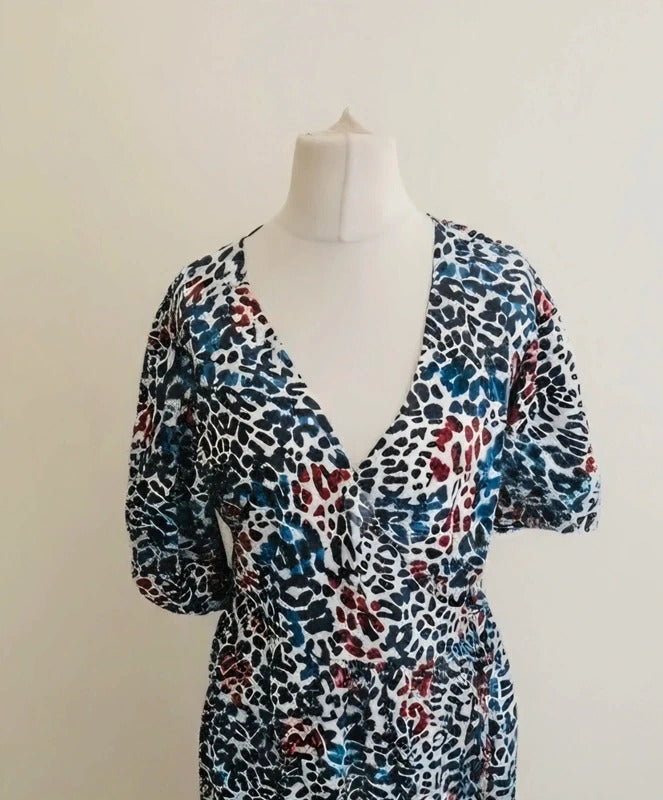 Next Multicoloured Animal Print Midi Wrap Dress with Puff Sleeves Size 12