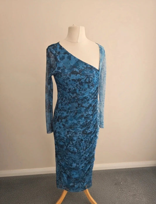 Warehouse Petite Light & Dark Blue Mesh Ruched Bodycon Midi Dress Size 14 Petite