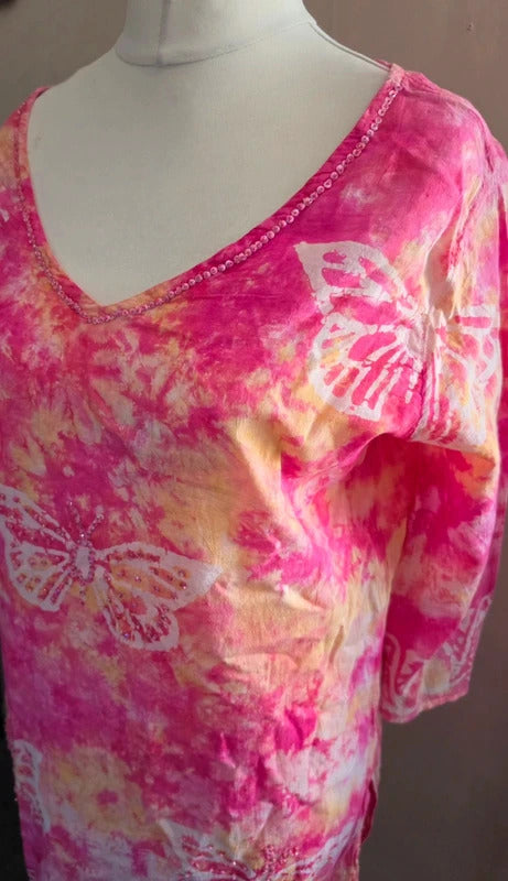 Nillah Sugar Pink & Yellow Butterfly Tie-Dye Tunic Dress Medium (Size 10-12)
