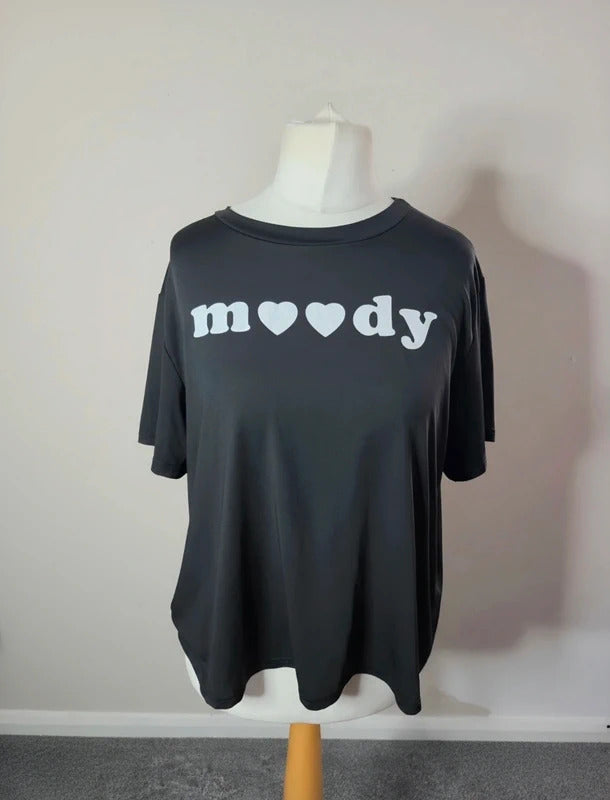 Black Moody Heart Graphic Oversized T-Shirt Short Sleeve XL Size 16