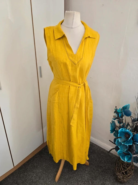 Laura Ashley Mustard Yellow Sleeveless Linen Midi Dress Size 12 NWT