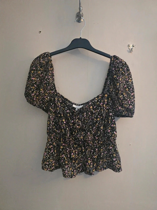 Topshop Black Floral Multicoloured Netted Tie Front Crop Peplum Top Size 10
