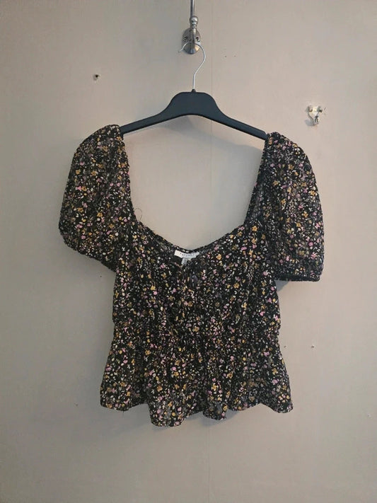 Topshop Black Floral Multicoloured Netted Tie Front Crop Peplum Top Size 10