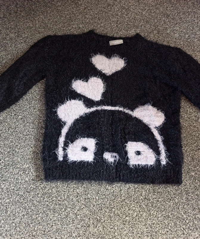 Matalan Girls Black Fluffy Eyelash Knit Panda & Hearts Jumper Age 9 Years