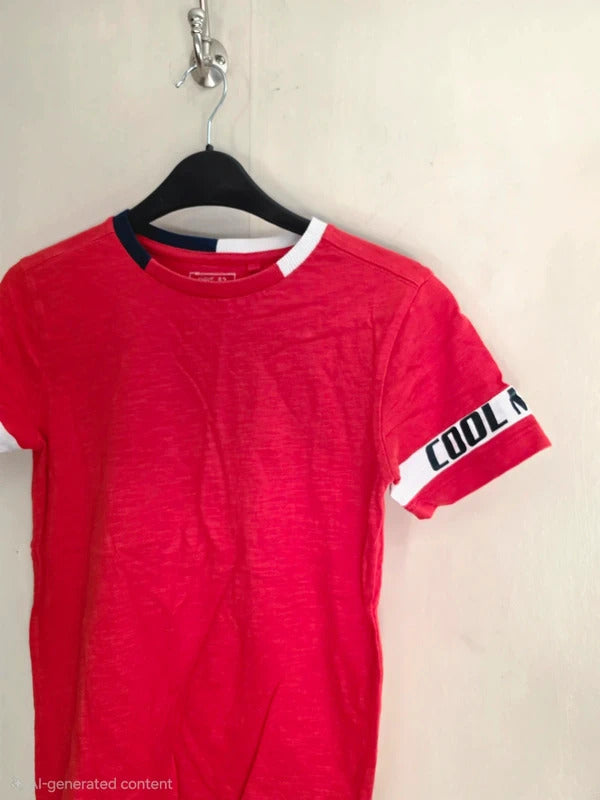 Next Boys Red Slub Textured T-Shirt Slogan Sleeve Taped Trim Age 7 Years