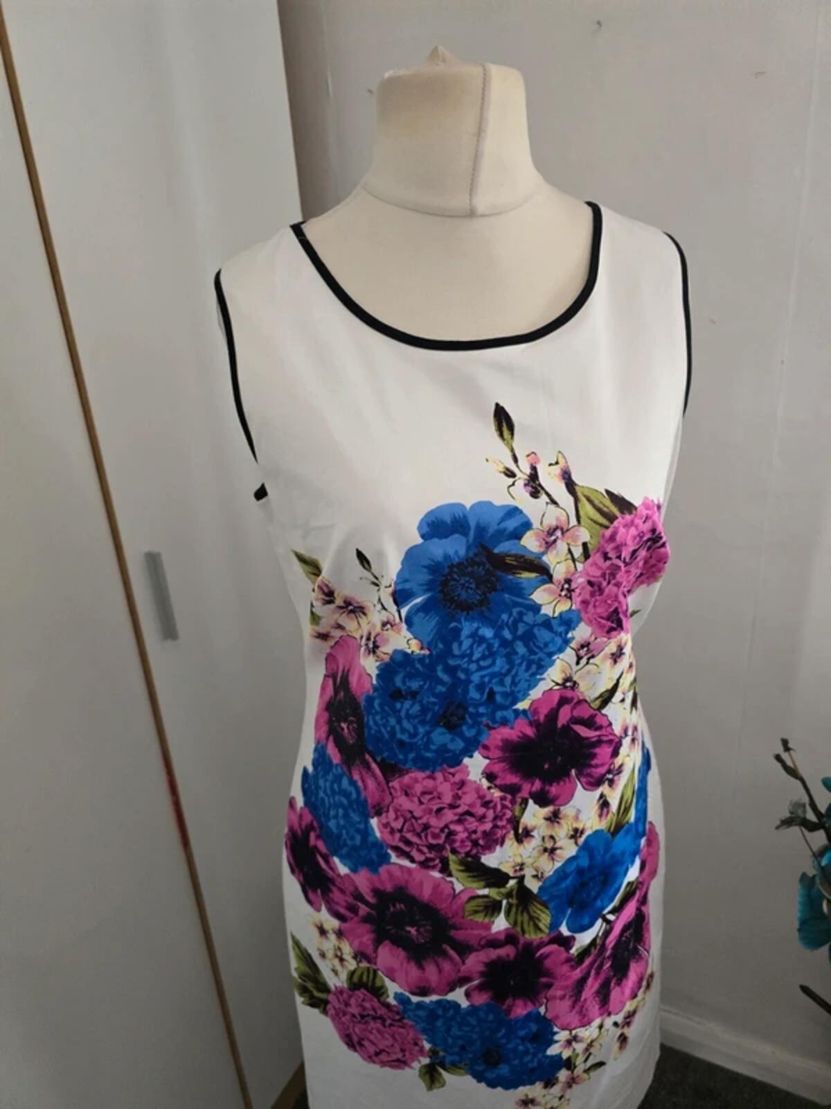 Debenhams Floral A-Line Dress Size 14 White Cotton Knee Midi Sleeveless
