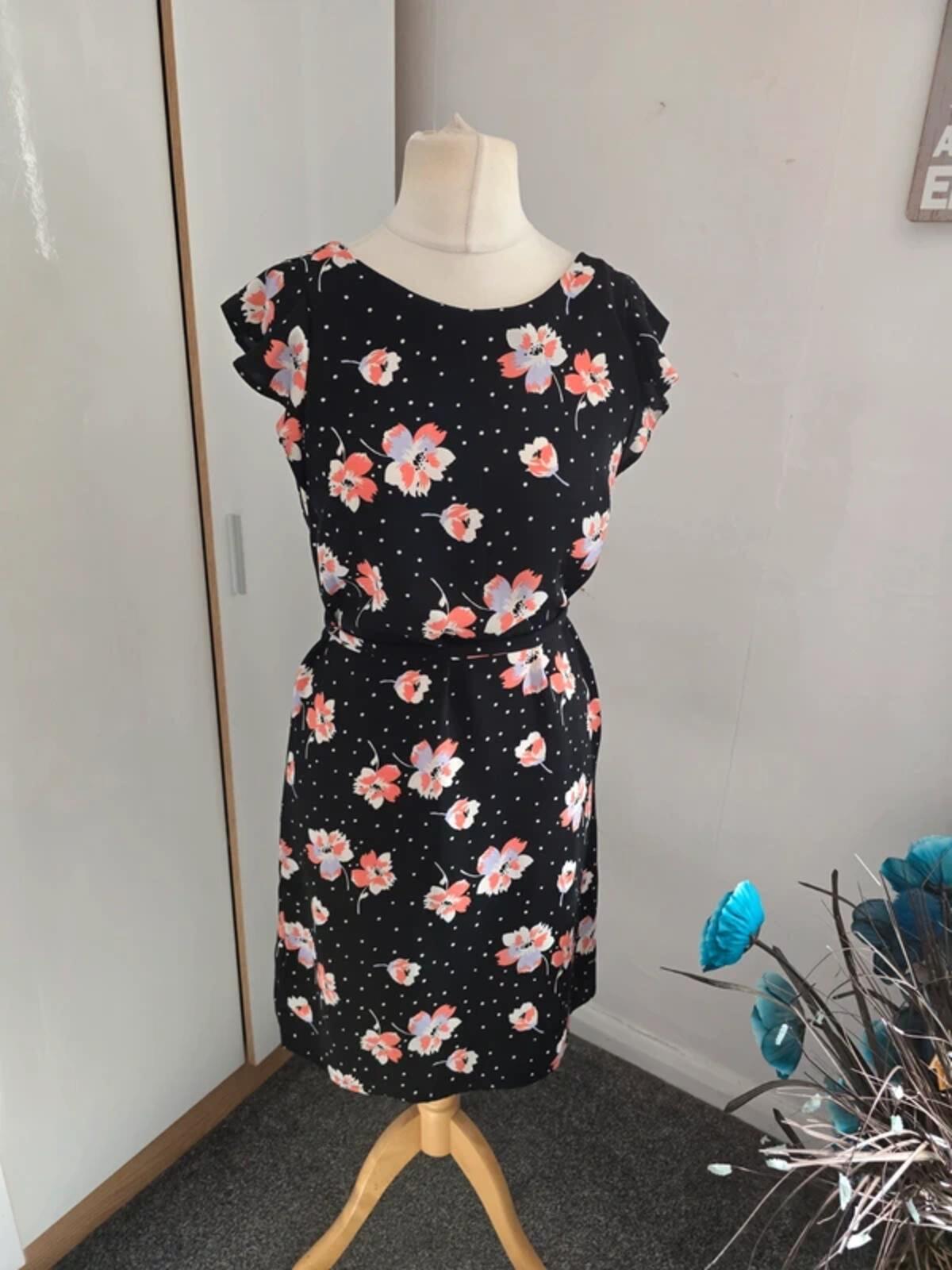 Roman Black Floral & Polka Dot Flared Midi Dress Size 10