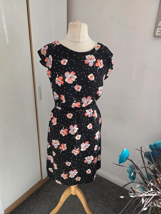 Roman Black Floral & Polka Dot Flared Midi Dress Size 10
