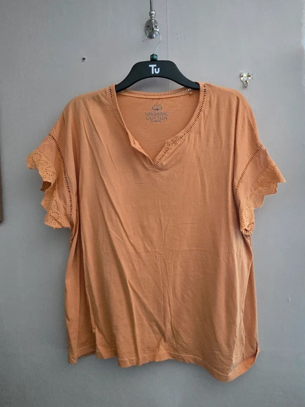 Damart Orange Crochet Frill Sleeve V-Neck Cotton Relaxed Top Size 22/24