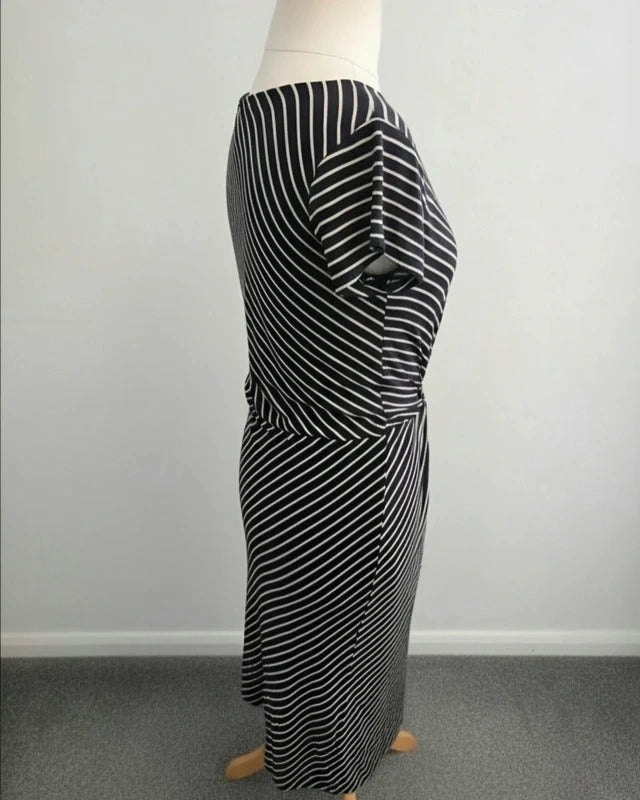 Laura Ashley Women's Black & Beige Striped Ruched Knot Front Midi Dress Size 14