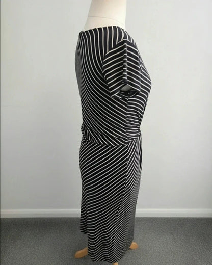 Laura Ashley Women's Black & Beige Striped Ruched Knot Front Midi Dress Size 14